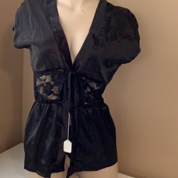 Black Satin & Lace Front Tie Lingerie & Thong Set Small. New - Picture 1 of 7